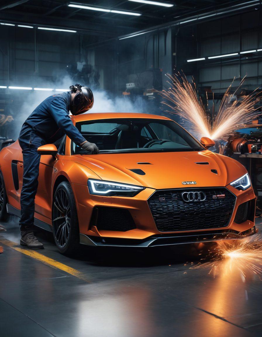 A stylized workshop scene showcasing an expert welder in action, sparks flying from a welding torch, surrounded by high-performance tires and tools. In the background, a sleek racing car features a customized design with intricate welds, emphasizing engineering excellence. Bright, dynamic lighting and a sense of motion to depict energy and excitement in automotive performance. vibrant colors. super-realistic.