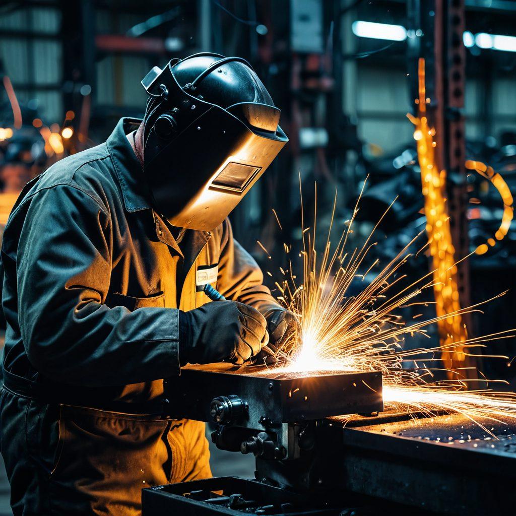 A dynamic scene showcasing a skilled welder in action, sparks flying as they work on an automotive part, with a backdrop of gleaming tires and machinery. Highlight the fusion of welding and tire services by incorporating tools and equipment in the foreground, emphasizing precision and craftsmanship. The color palette should be bold with a contrast between warm welding sparks and cool tire blacks. super-realistic. vibrant colors. industrial style.