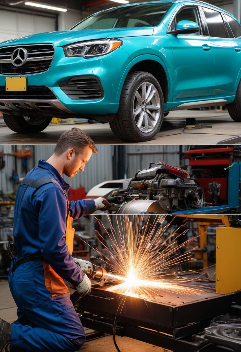 A split image showcasing a skilled technician repairing a vehicle with welding sparks flying on one side, and on the other side, a shiny, enhanced vehicle with new tires gleaming under sunlight. Include tools and equipment around to emphasize the service aspect. The background should be a vibrant automotive workshop. super-realistic. vibrant colors. 3D.
